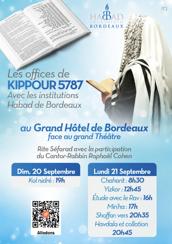Office Kippour 5787 Habbad Loubavitch Bordeaux octobre 2026